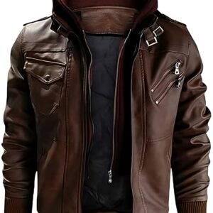 Men’s Vintage Hooded Leather Biker Jacket – Brown